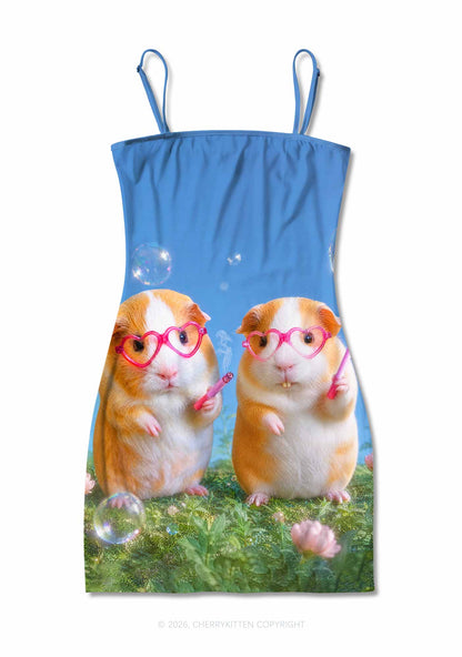 Two Smoking Guinea Pigs Y2K Print Slip Dress Cherrykitten