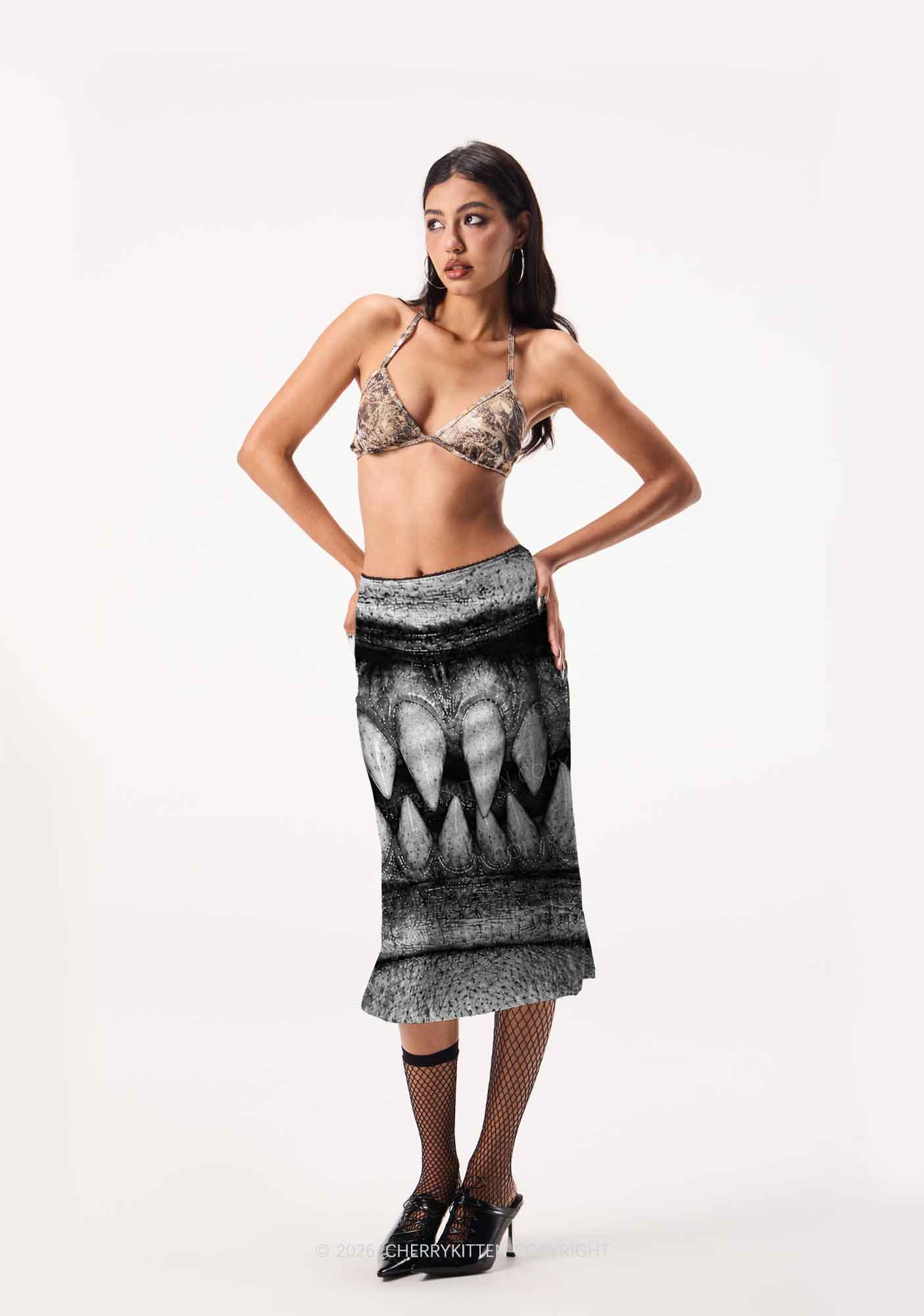 Halloween Monster Sharp Fangs Y2K Print Midi Skirt Cherrykitten