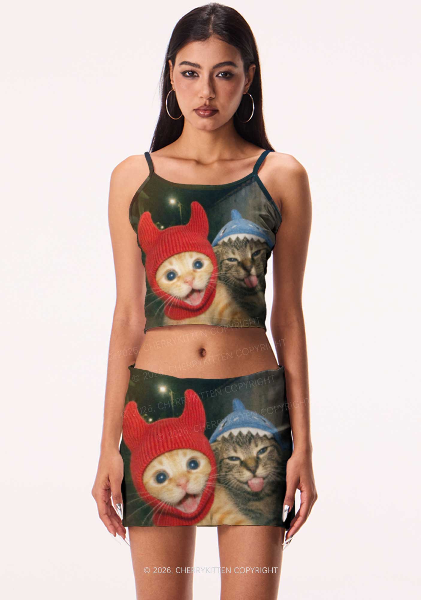 Halloween Devil Shark Hat Cat Y2K Print Mini Skirt Cherrykitten