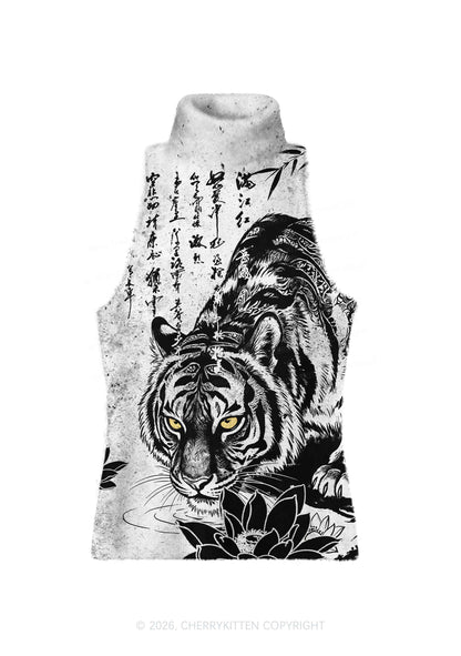 Yellow Eyes Tiger Y2K Knit Turtleneck Tank Top Cherrykitten