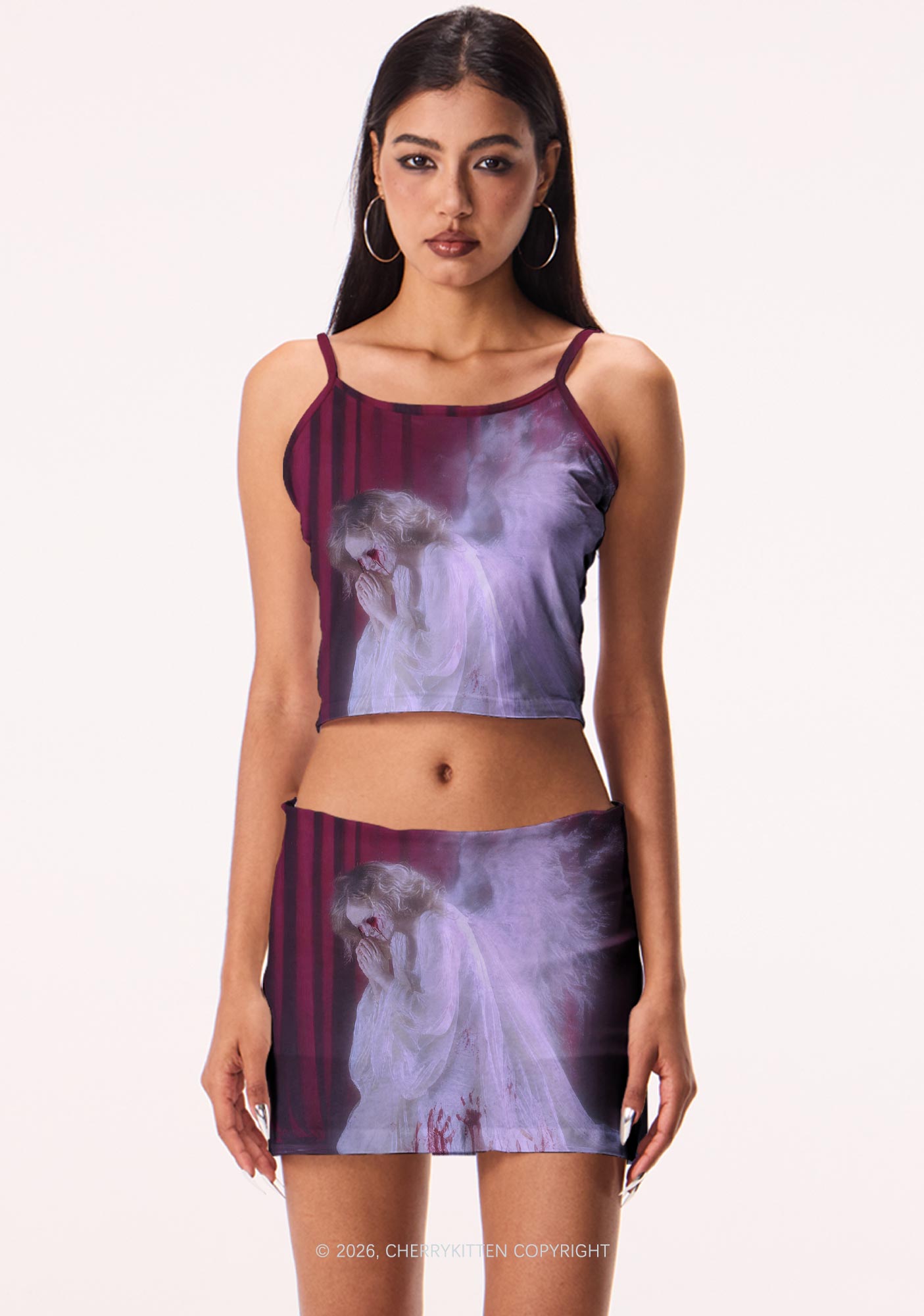 Halloween Bloody Praying Angel Y2K Print Mini Skirt Cherrykitten
