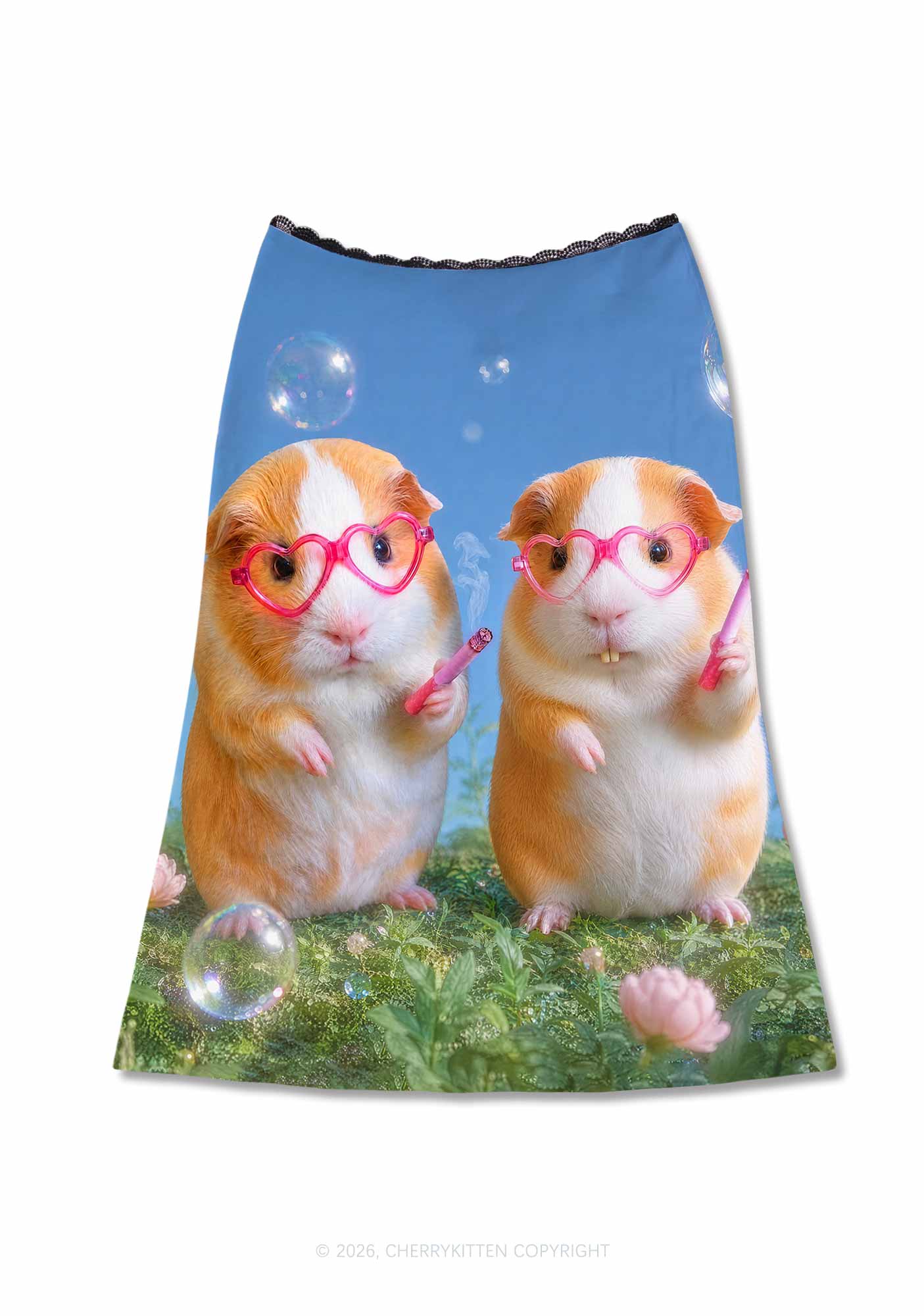 Two Smoking Guinea Pigs Y2K Print Midi Skirt Cherrykitten