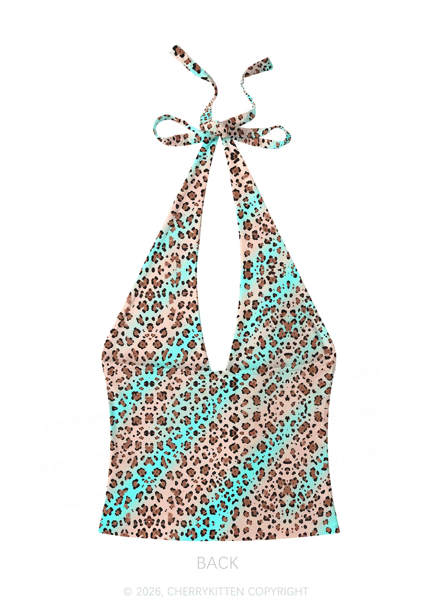 Mint Leopard Y2K Print Halter Deep V Neck Cami Cherrykitten