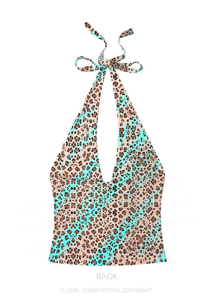 Mint Leopard Y2K Print Halter Deep V Neck Cami Cherrykitten