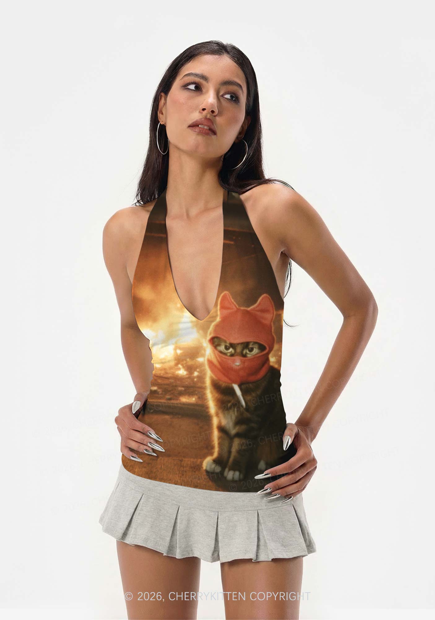 Halloween Red Ear Hood Cat Y2K Print Halter Deep V Neck Cami Cherrykitten