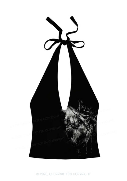 Halloween Monster Hand Bleeding Heart Y2K Print Halter Deep V Neck Cami Cherrykitten