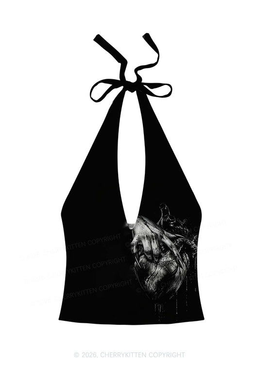 Halloween Monster Hand Bleeding Heart Y2K Print Halter Deep V Neck Cami Cherrykitten