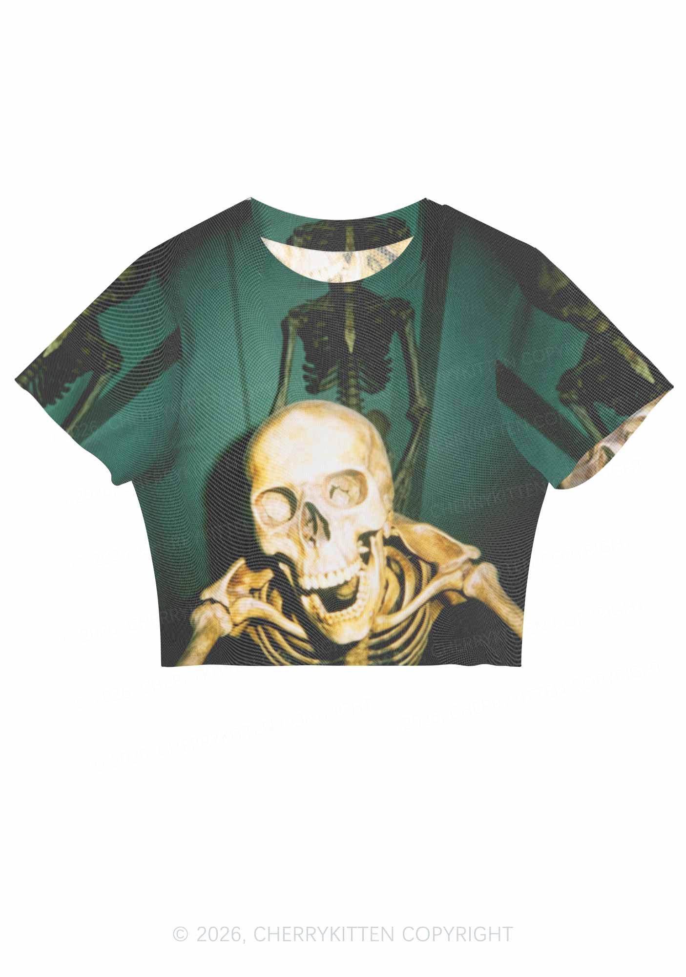Halloween Double Skeleton Selfie Y2K Mesh Crop Top Cherrykitten