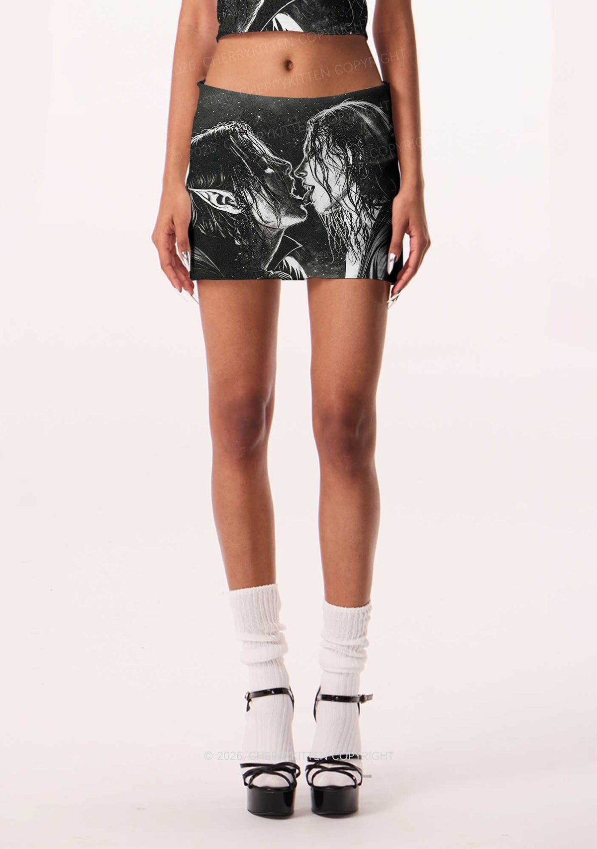 Halloween Two Vampire Figures Y2K Print Mini Skirt Cherrykitten