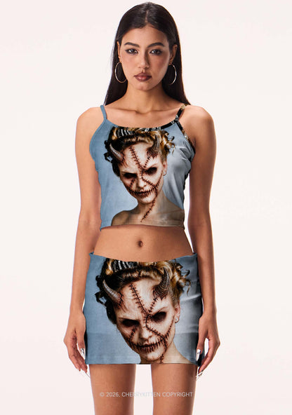 Halloween Scar Horned Demon Woman Y2K Print Mini Skirt Cherrykitten
