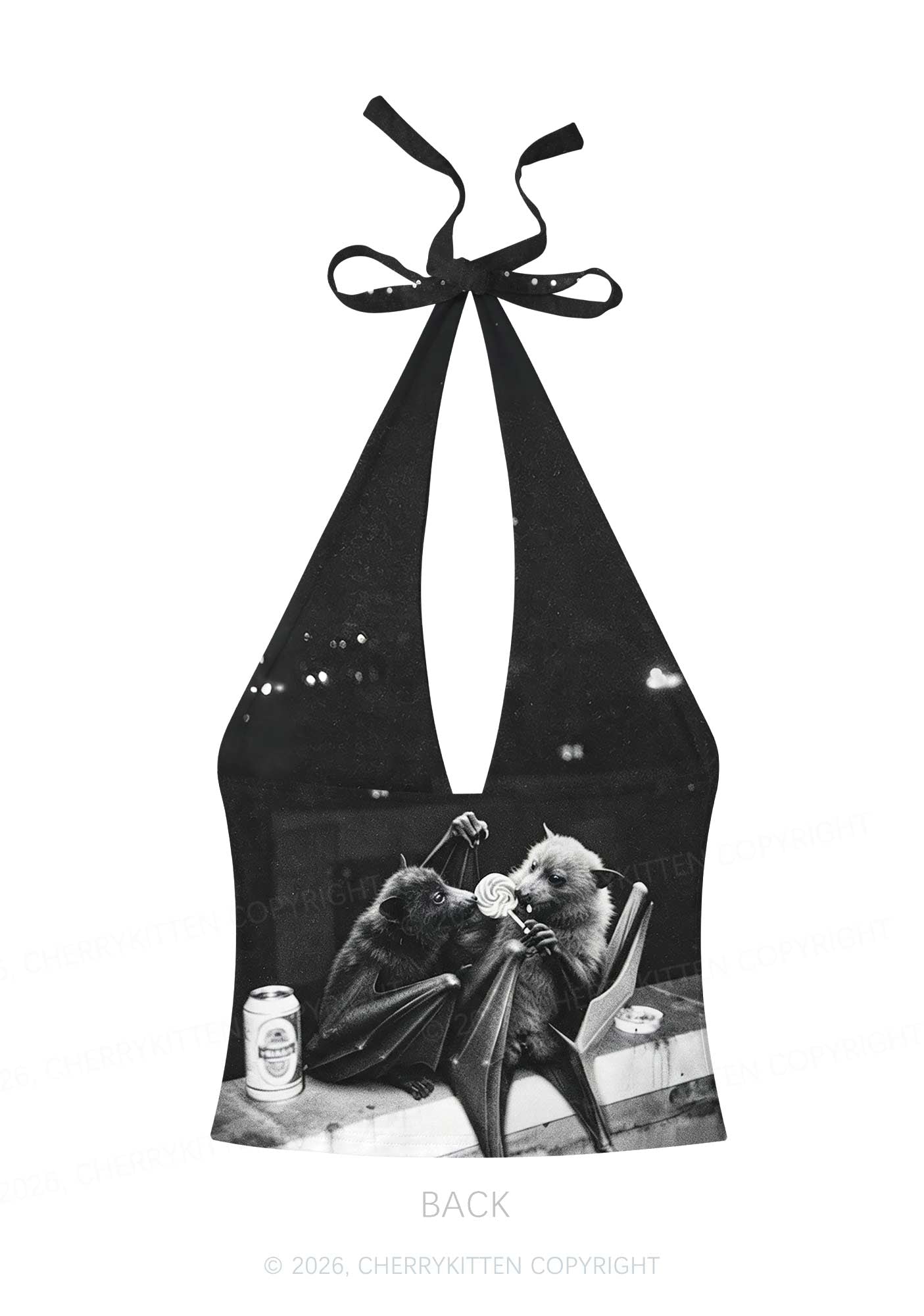 Halloween Lollipop Bat Y2K Print Halter Deep V Neck Cami Cherrykitten