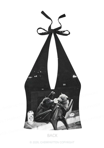Halloween Lollipop Bat Y2K Print Halter Deep V Neck Cami Cherrykitten