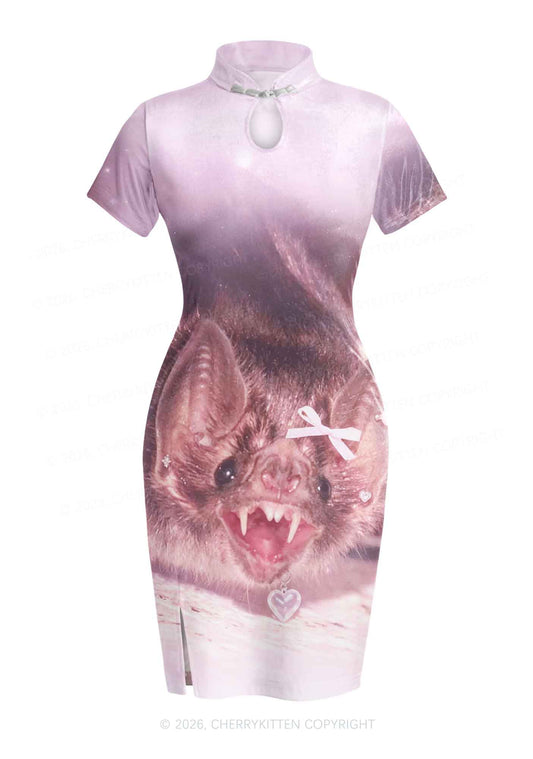Halloween Pink Bow Bat Y2K Cheongsam Mini Dress Cherrykitten