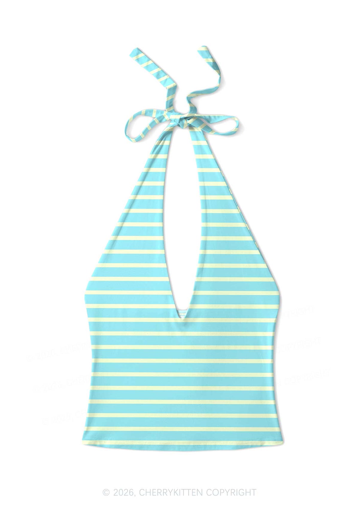 Mint Yellow Stripes Y2K Print Halter Deep V Neck Cami Cherrykitten