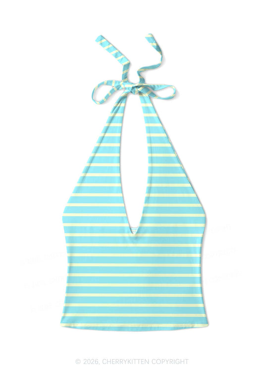 Mint Yellow Stripes Y2K Print Halter Deep V Neck Cami Cherrykitten