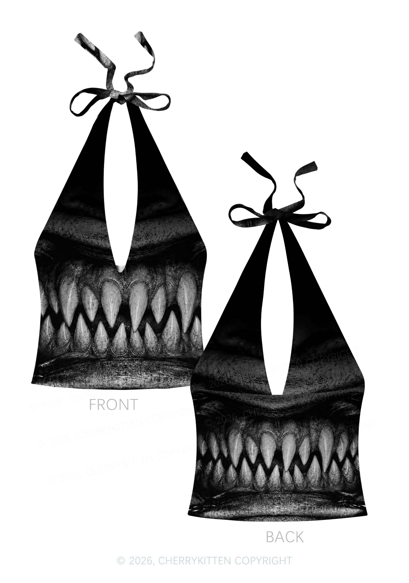 Halloween Monster Sharp Fangs Y2K Print Halter Deep V Neck Cami Cherrykitten