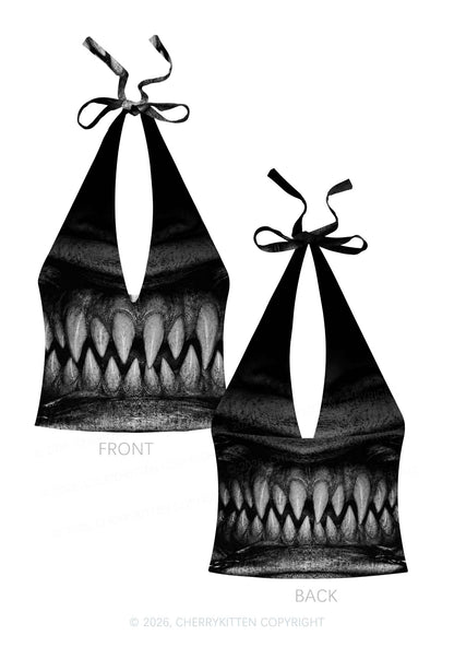 Halloween Monster Sharp Fangs Y2K Print Halter Deep V Neck Cami Cherrykitten
