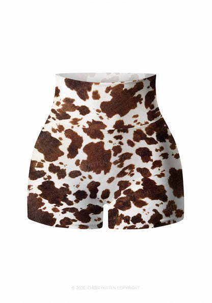 Brown And White Cow Dots Y2K Print Gym Shorts Cherrykitten