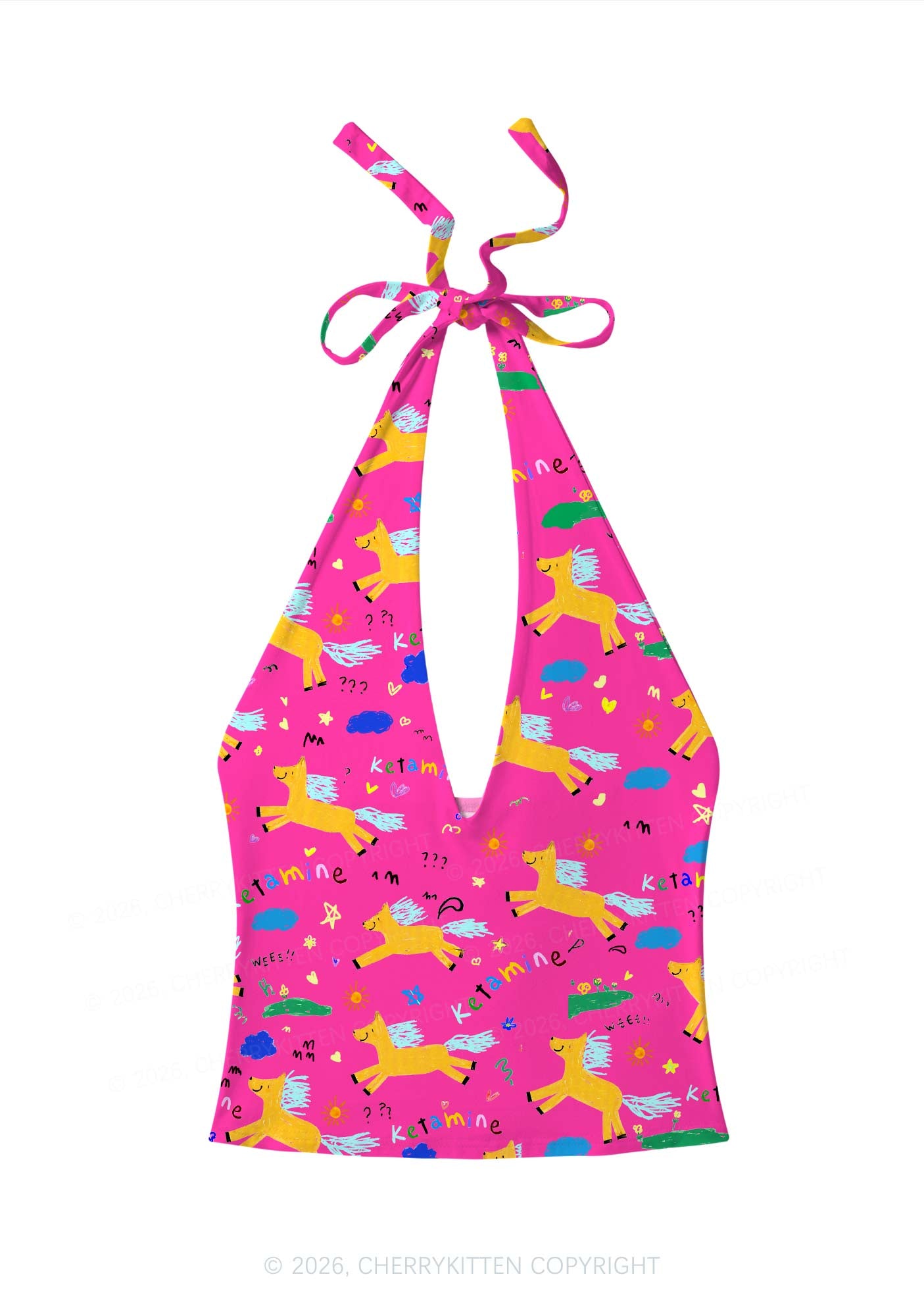 Orange Pony On Hot Pink Y2K Print Halter Deep V Neck Cami Cherrykitten