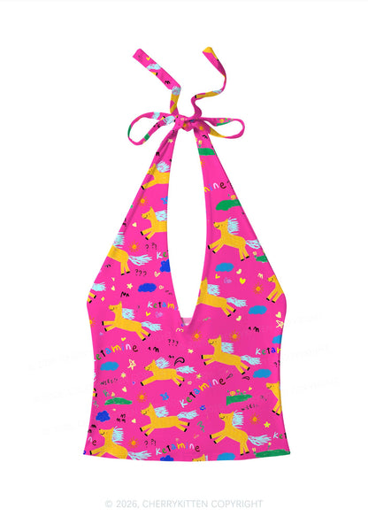 Orange Pony On Hot Pink Y2K Print Halter Deep V Neck Cami Cherrykitten