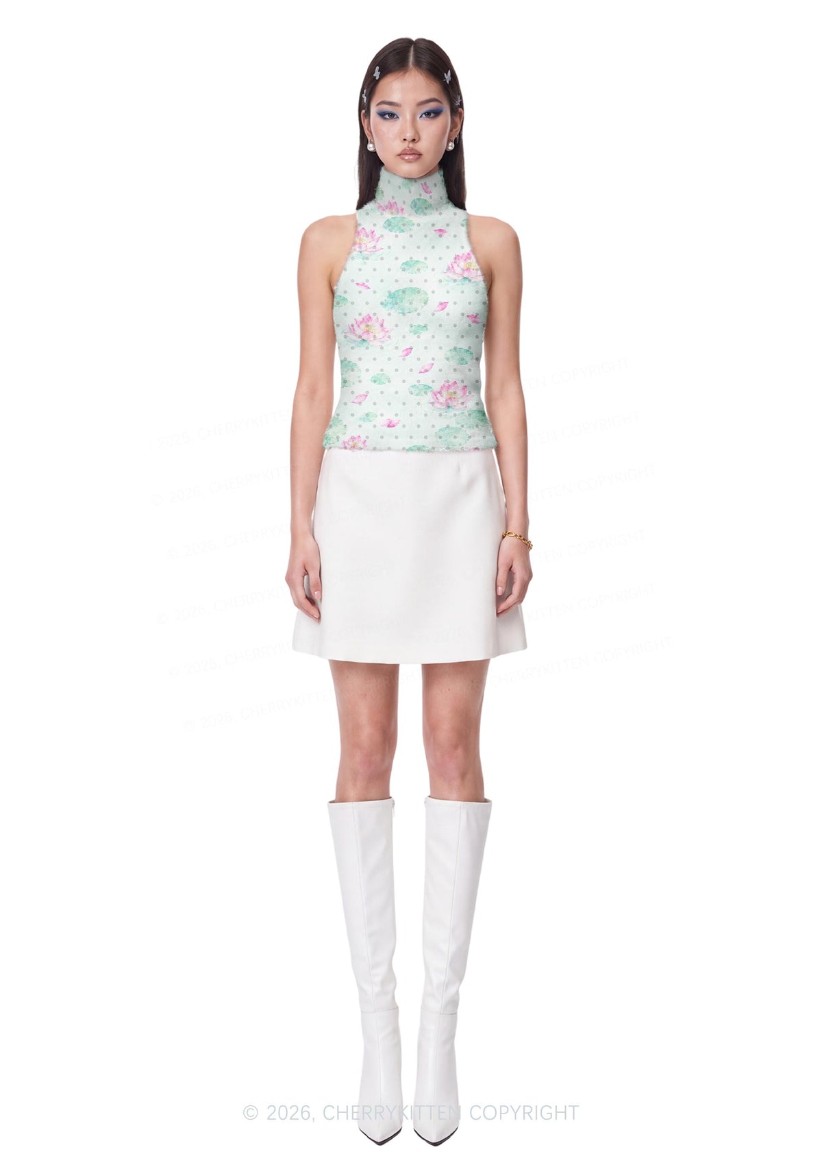 Lotus Pond Dots Y2K Knit Turtleneck Tank Top Cherrykitten
