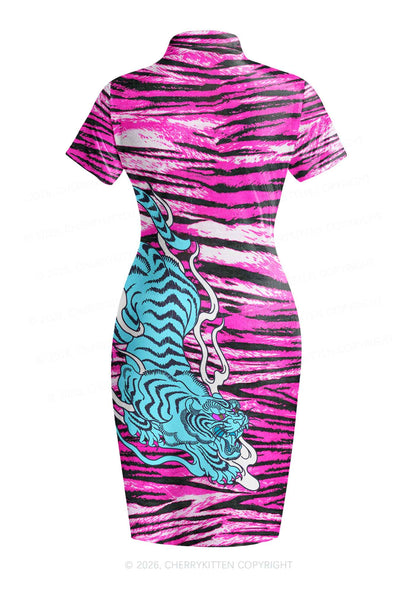Blue Tiger Pink Zebra Stripe Y2K Cheongsam Mini Dress Cherrykitten