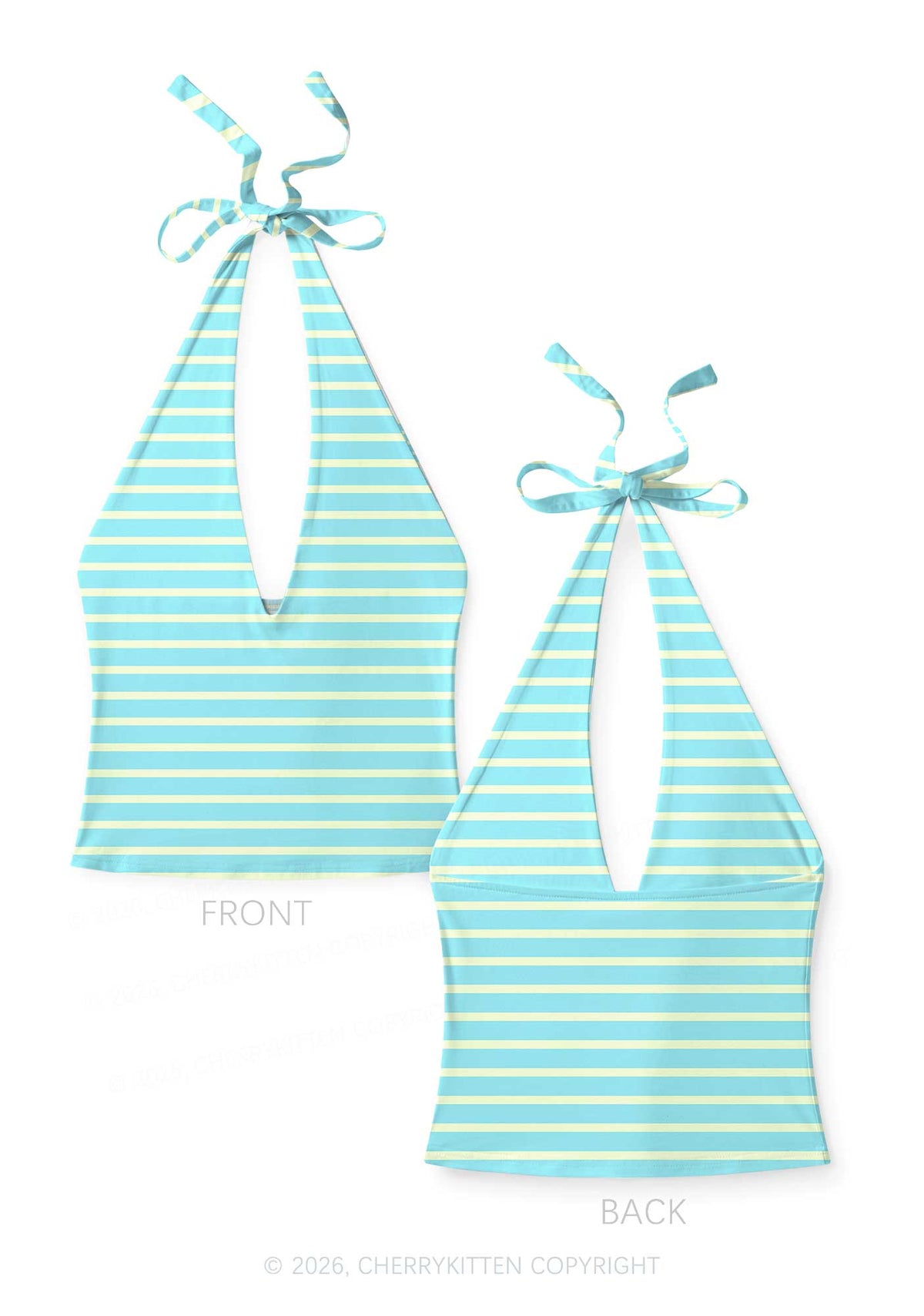 Mint Yellow Stripes Y2K Print Halter Deep V Neck Cami Cherrykitten