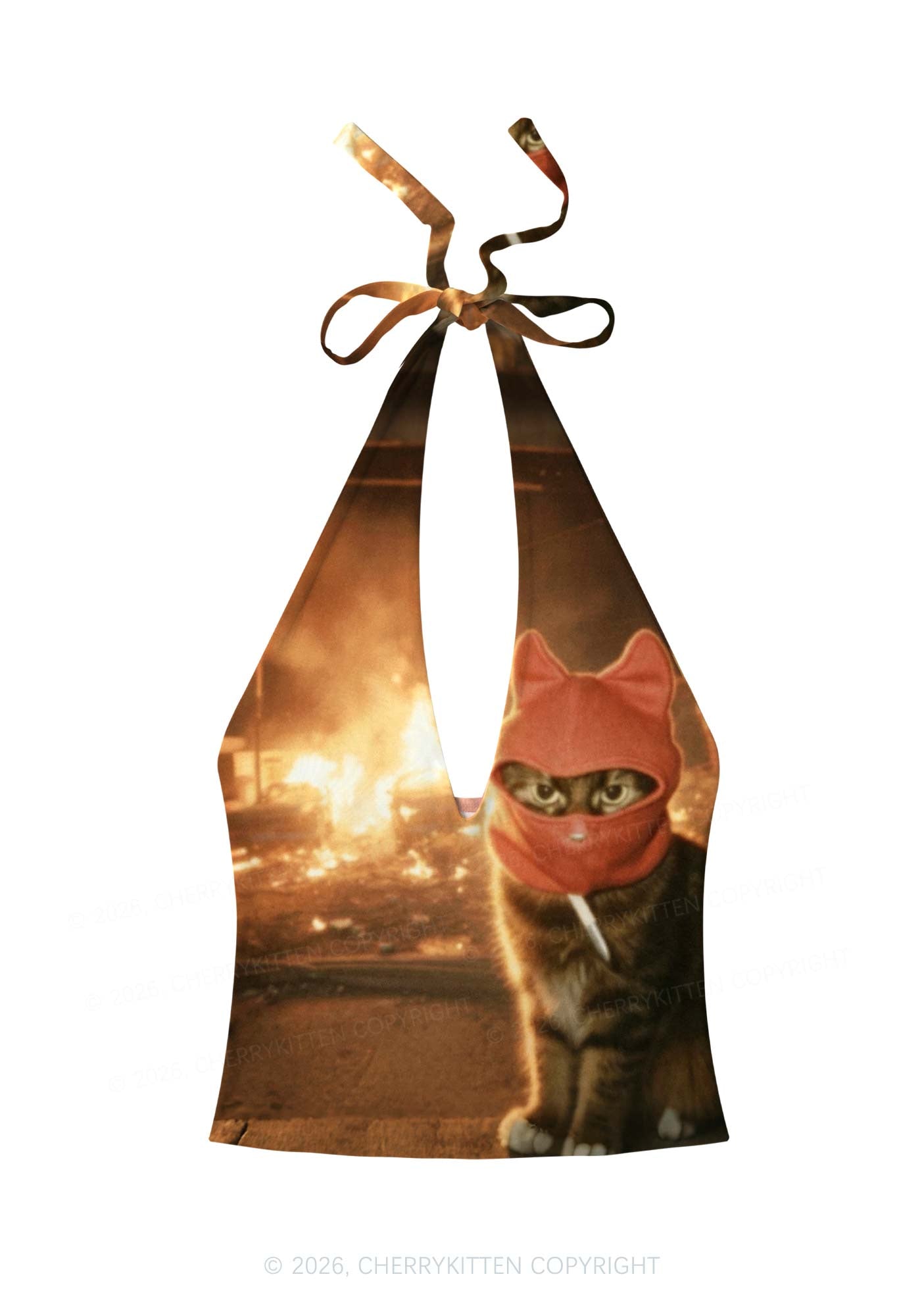 Halloween Red Ear Hood Cat Y2K Print Halter Deep V Neck Cami Cherrykitten