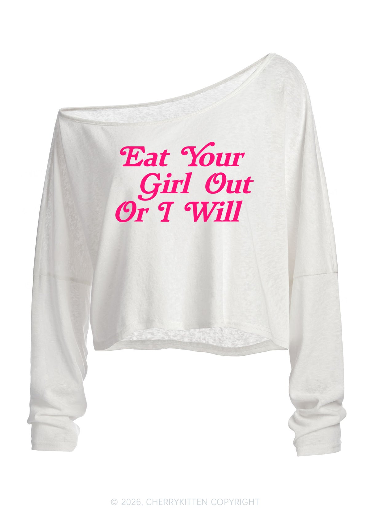 Eat Your Girl Out Y2K Off Shoulder Long Sleeve Crop Top Cherrykitten