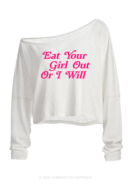 Eat Your Girl Out Y2K Off Shoulder Long Sleeve Crop Top Cherrykitten