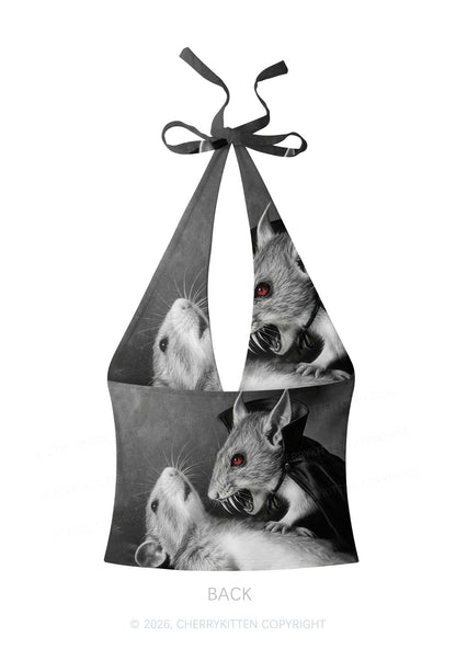 Halloween Vampire Rat Y2K Print Halter Deep V Neck Cami Cherrykitten