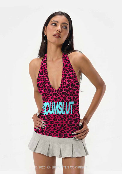 Cxmslxt Hot Pink Leopard Y2K Print Halter Deep V Neck Cami Cherrykitten