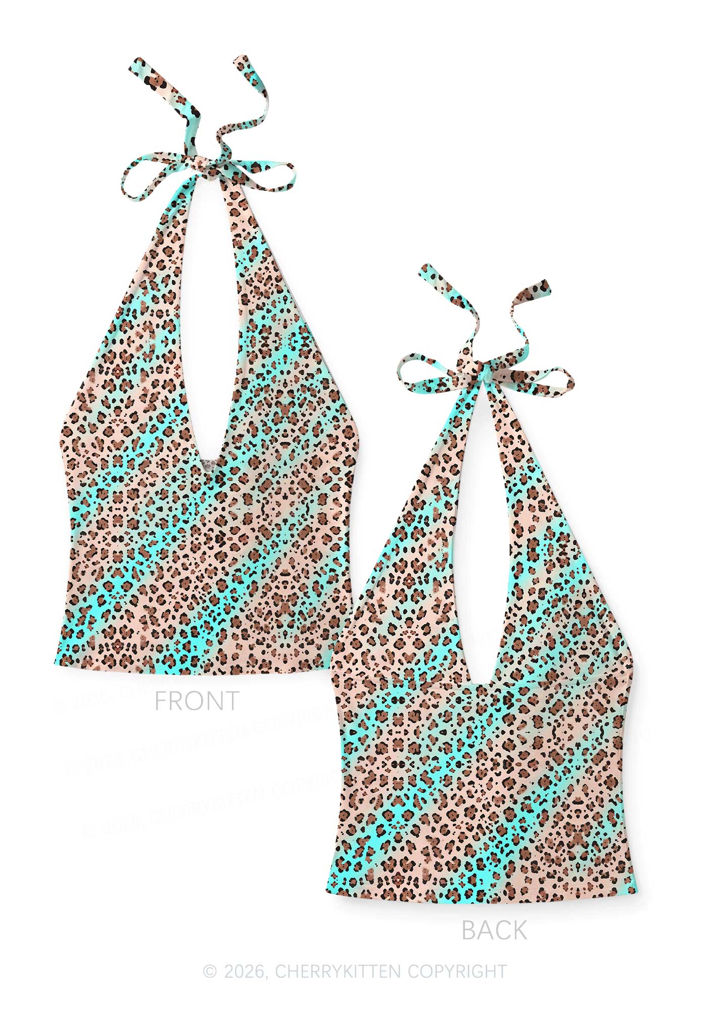 Mint Leopard Y2K Print Halter Deep V Neck Cami Cherrykitten