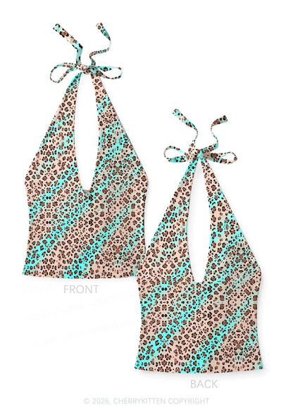 Mint Leopard Y2K Print Halter Deep V Neck Cami Cherrykitten