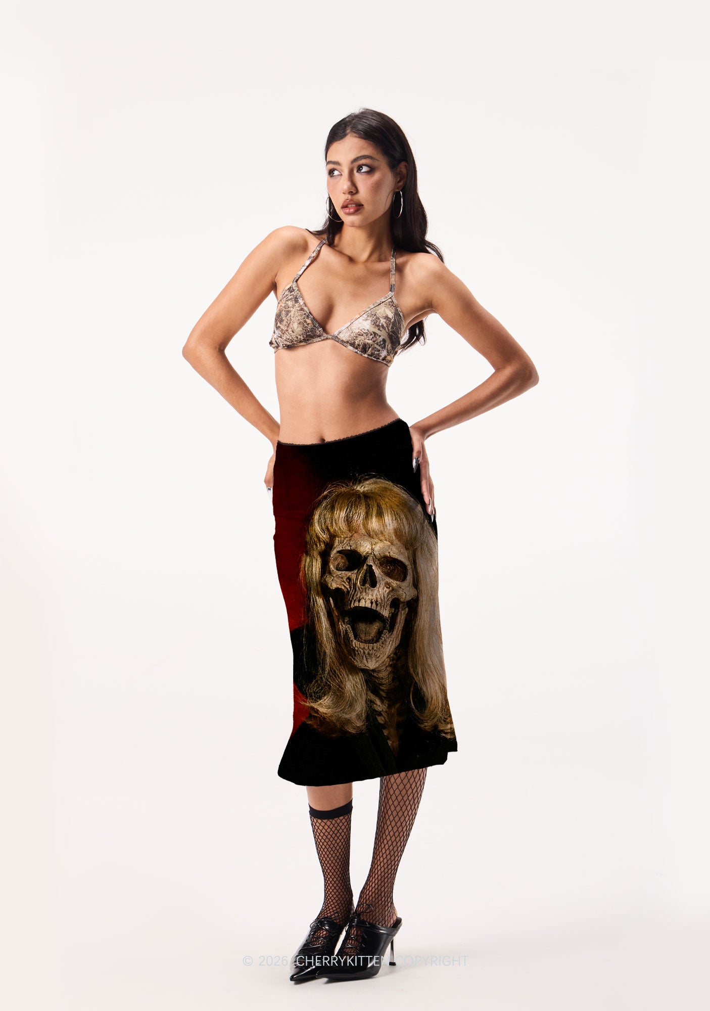 Halloween Blonde Skull Y2K Print Midi Skirt Cherrykitten