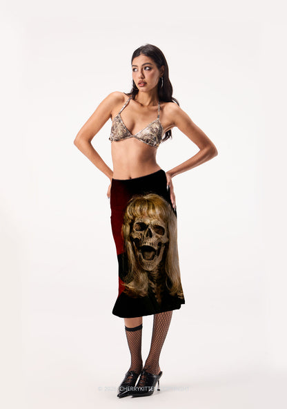 Halloween Blonde Skull Y2K Print Midi Skirt Cherrykitten