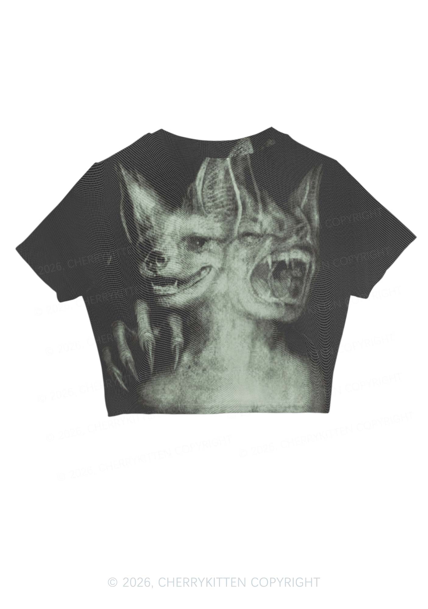 Halloween Two Head Monster Y2K Mesh Crop Top Cherrykitten