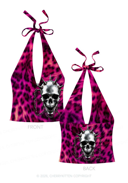 Halloween Spiked Skull Leopard Y2K Print Halter Deep V Neck Cami Cherrykitten