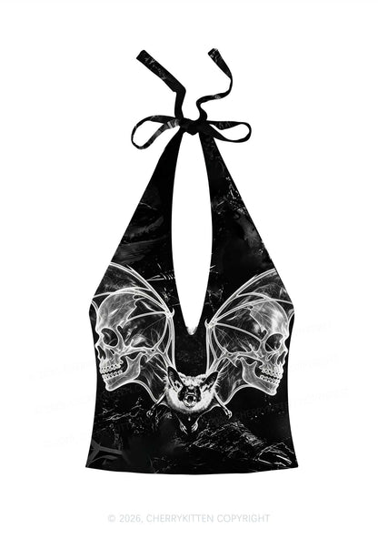 Halloween Bat Skeleton Wings Y2K Print Halter Deep V Neck Cami Cherrykitten