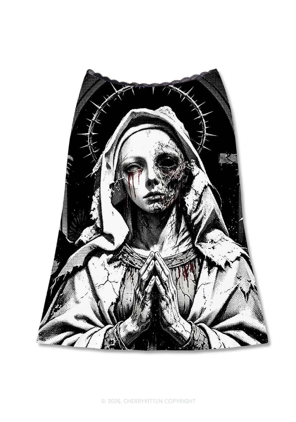 Halloween Decaying Prayer Figure Y2K Print Midi Skirt Cherrykitten