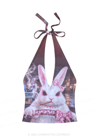 Smoking Bunny Driver Y2K Print Halter Deep V Neck Cami Cherrykitten