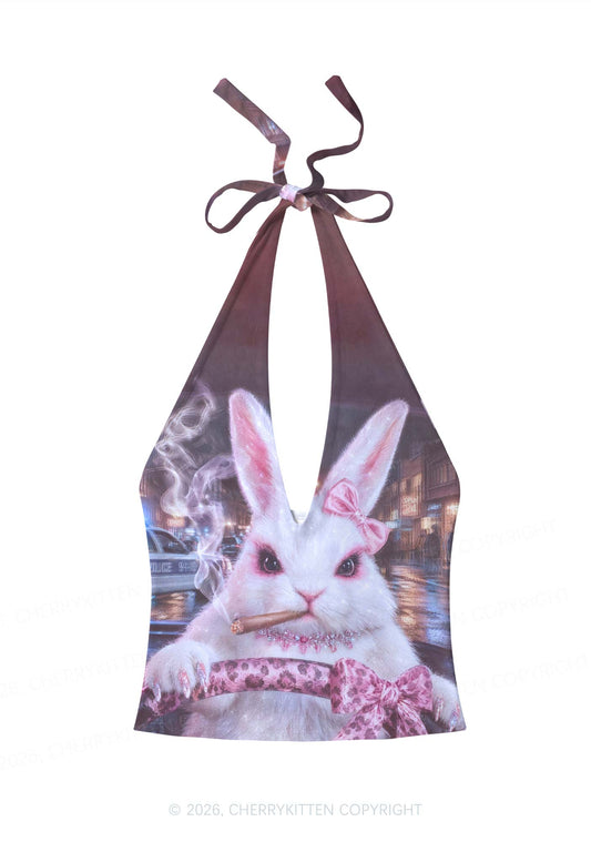 Smoking Bunny Driver Y2K Print Halter Deep V Neck Cami Cherrykitten