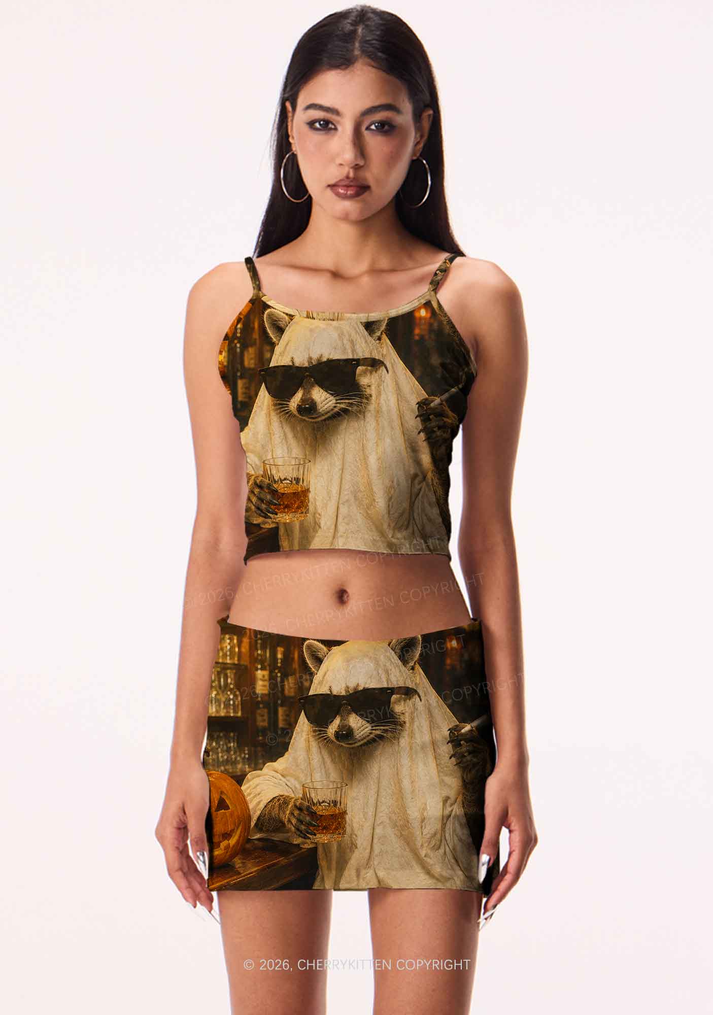 Halloween Ghost Raccoon Bar Y2K Print Mini Skirt Cherrykitten
