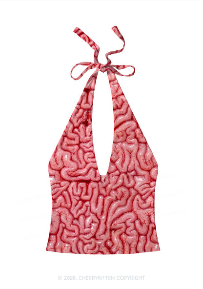 Halloween Fleshy Brain Texture Y2K Print Halter Deep V Neck Cami Cherrykitten