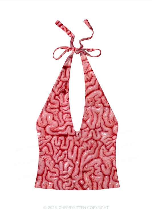 Halloween Fleshy Brain Texture Y2K Print Halter Deep V Neck Cami Cherrykitten