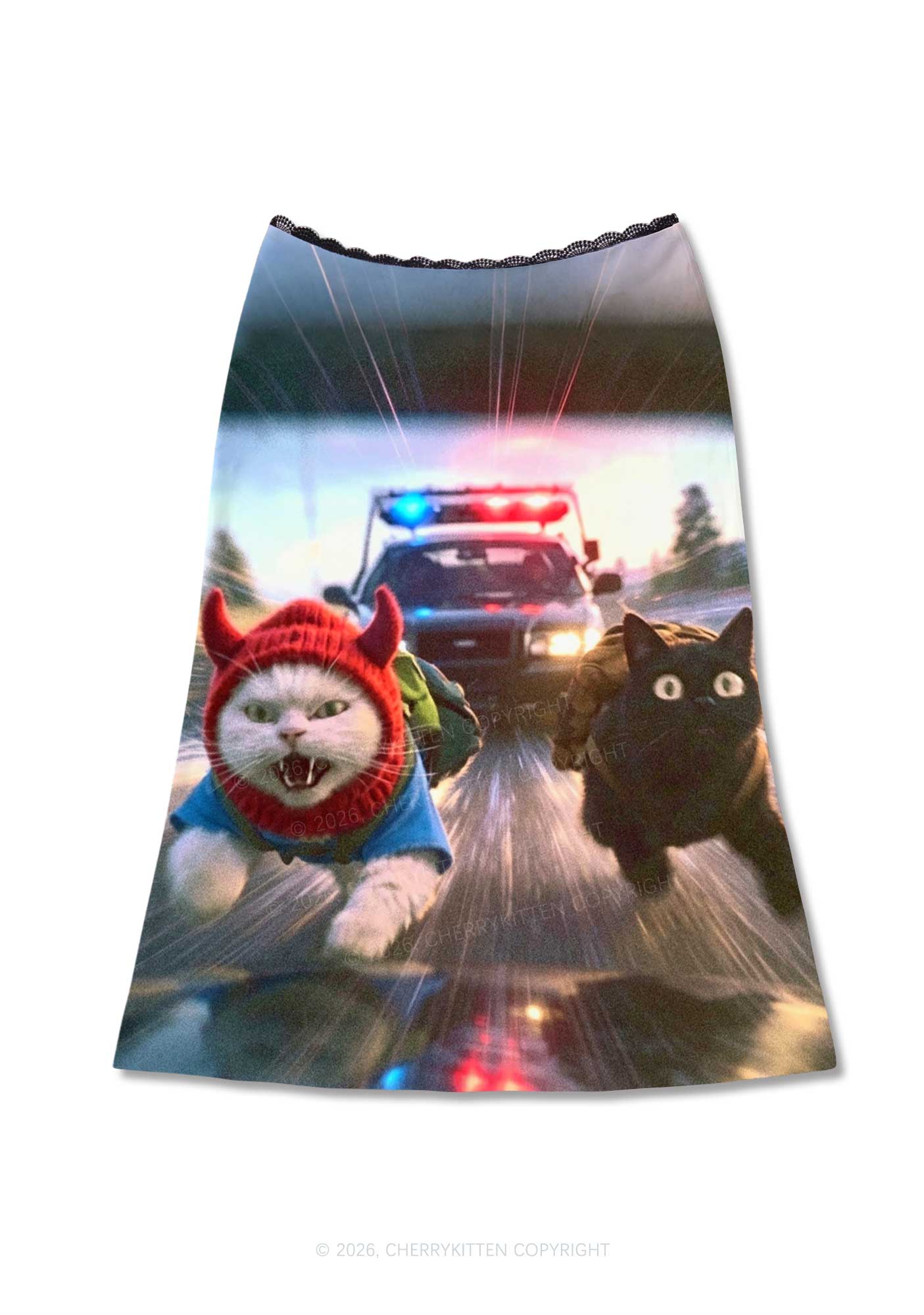 Halloween Chase Cat Y2K Print Midi Skirt Cherrykitten