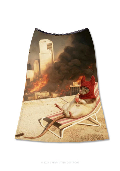 Halloween Fire City Devil Hat Rat Y2K Print Midi Skirt Cherrykitten