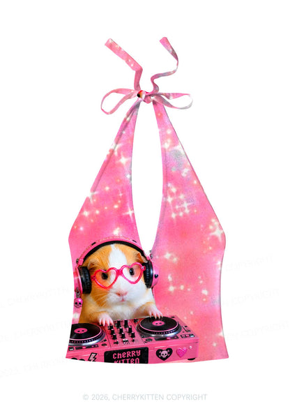DJ Guinea Pig Y2K Print Halter Deep V Neck Cami Cherrykitten