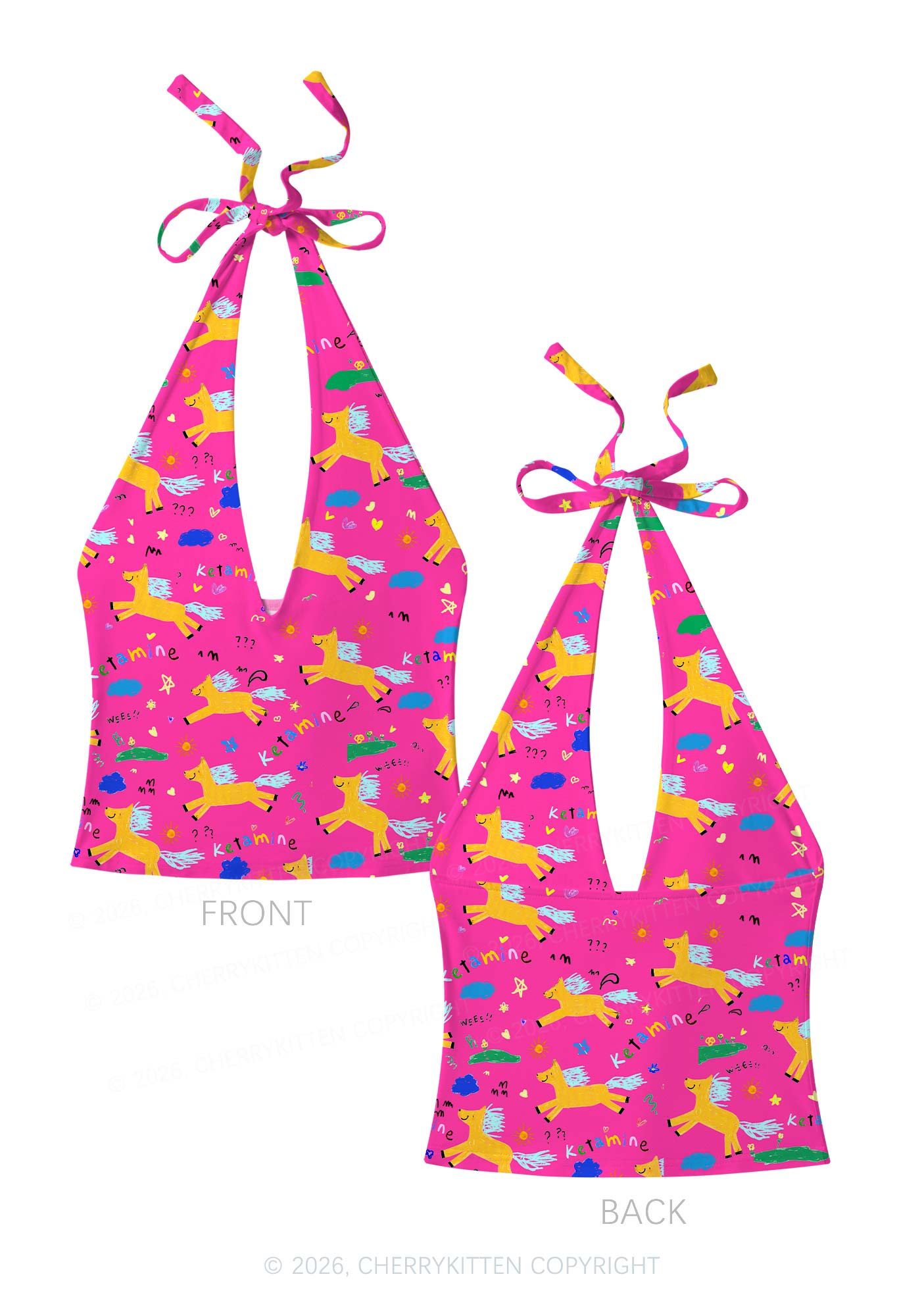 Orange Pony On Hot Pink Y2K Print Halter Deep V Neck Cami Cherrykitten