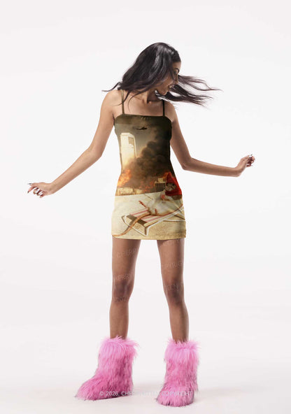 Halloween Fire City Devil Hat Rat Y2K Print Slip Dress Cherrykitten